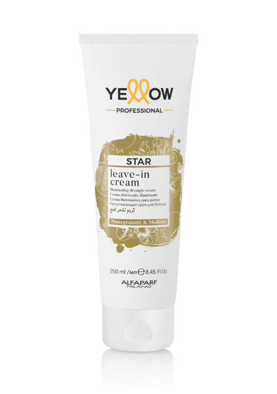 

Alfaparf Yellow Star Leave In Cream is a 250 ml illuminating and detangling cream for hair.