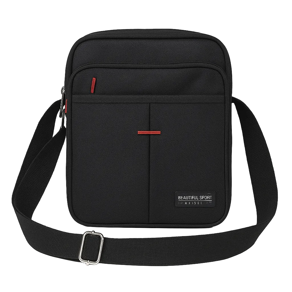 Beautiful Sport Black Shoulder Bag with Red Details and Front Pockets