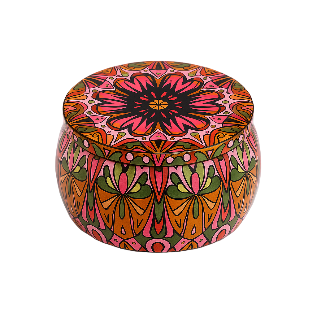Candela Profumata Decorativa In Barattolo Metallo Mandala Rosa E Cammello