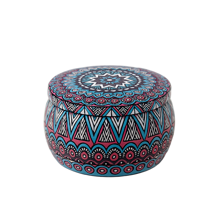 Candela Profumata Decorativa In Barattolo Metallo Mandala Blu E Fucsia