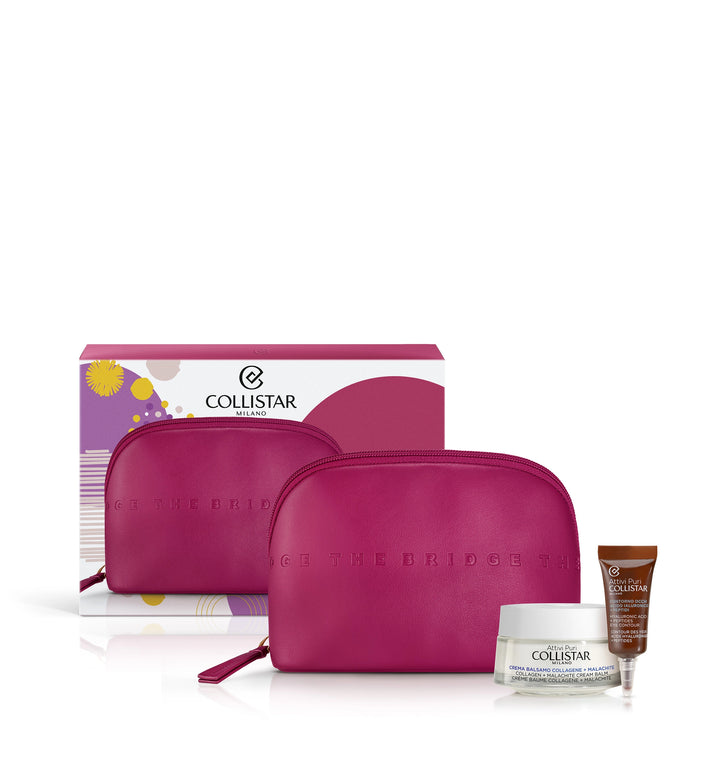 

Collistar Collagen Cream and Malachite Gift Set 50 ml with Hyaluronic Acid Eye Contour and 5 ml Peptide, plus The Bridge Beauty Bag. 
