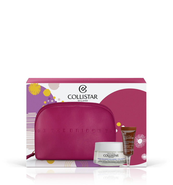 

Collistar Collagen Cream and Malachite Gift Set 50 ml with Hyaluronic Acid Eye Contour and 5 ml Peptide, plus The Bridge Beauty Bag. 
