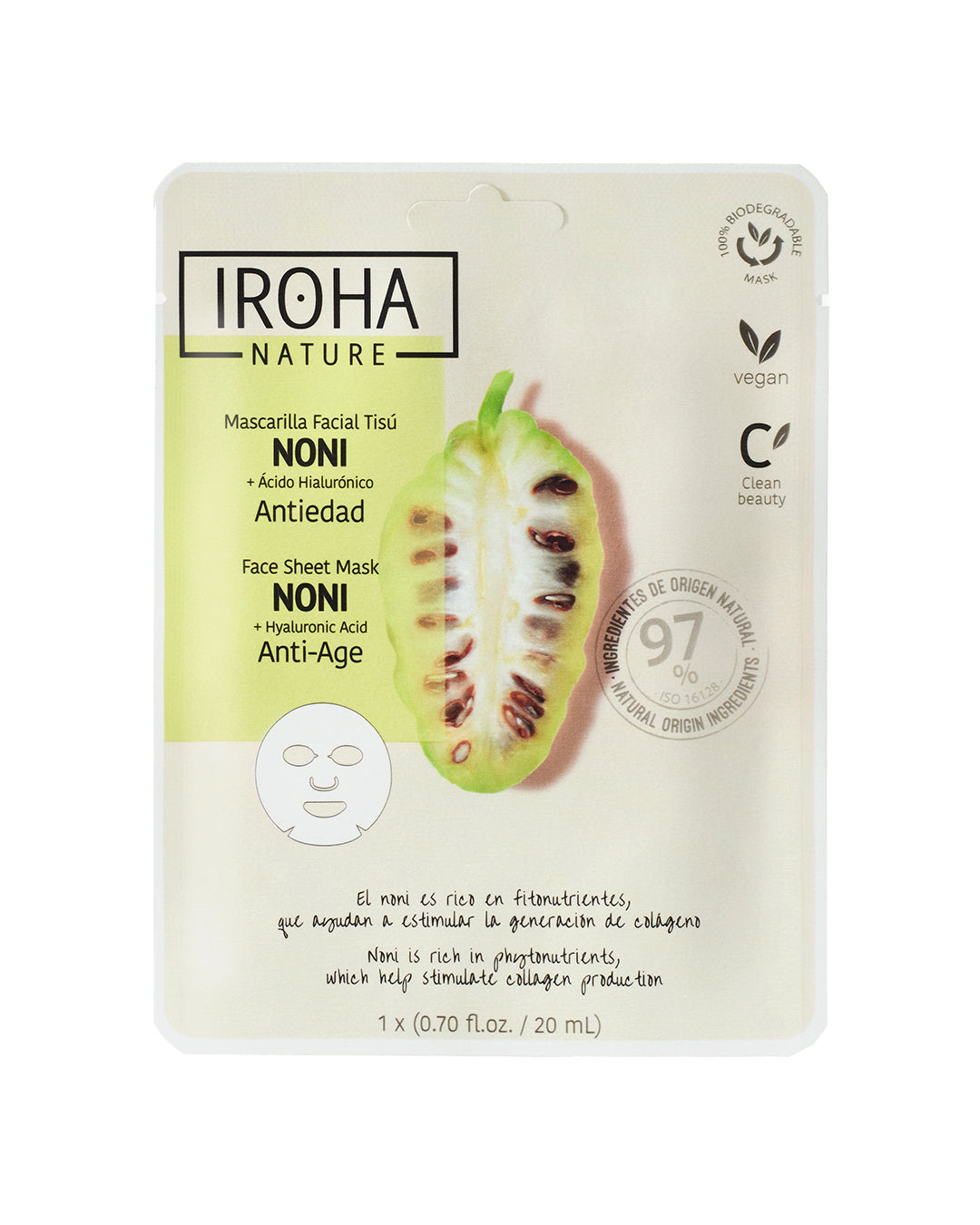 

Iroha Nature Disposable Face Mask in Anti-Aging Fabric with Noni and Hyaluronic Acid 1 pc x 20 ml