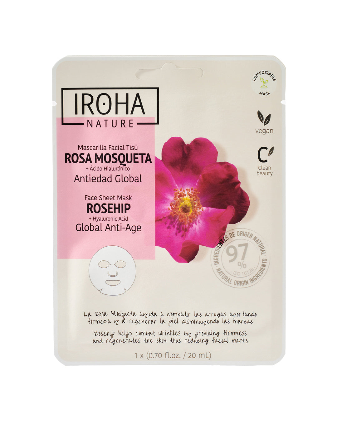 

Iroha Nature Disposable Face Mask with Global Anti-Aging Effect in Cloth Form, with Rosehip and Hyaluronic Acid 1 pc x 20 ml