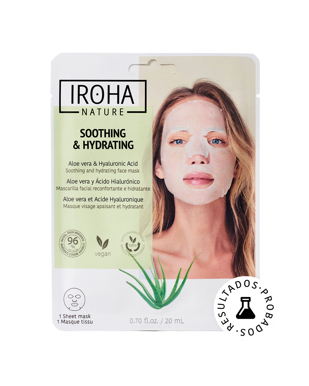 

Iroha Nature disposable sheet mask with intensive soothing and moisturizing properties, enriched with aloe vera, hyaluronic acid, and probiotics. 1 piece of 20ml.
