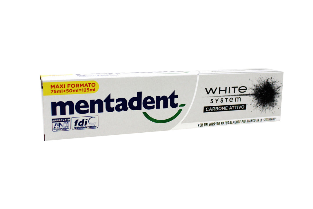 Mentadent Dentifricio White System Al Carbone Attivo Maxi Formato 125 ml