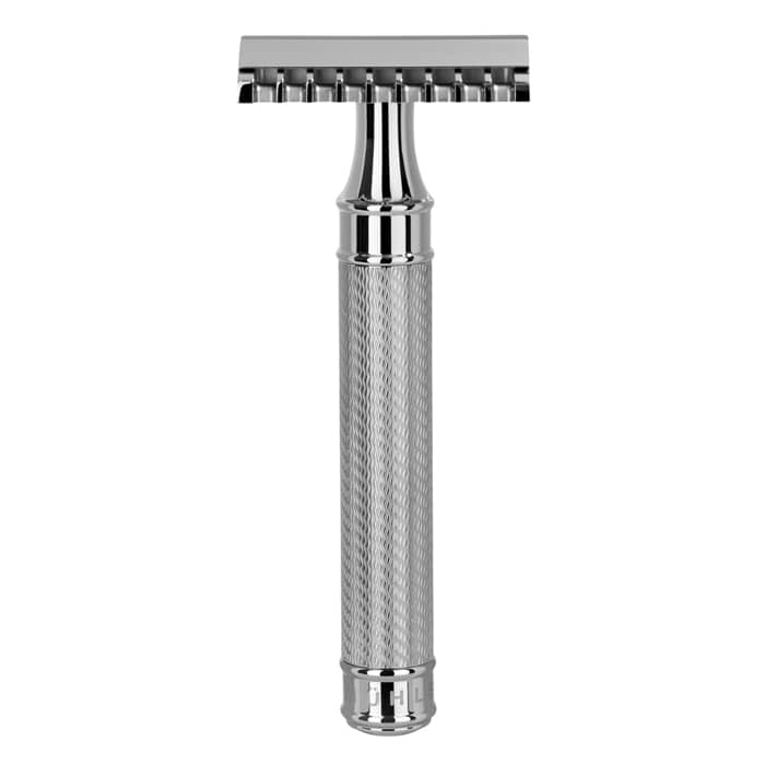 

The Muhle R41 GS made of stainless steel is an open comb safety razor.