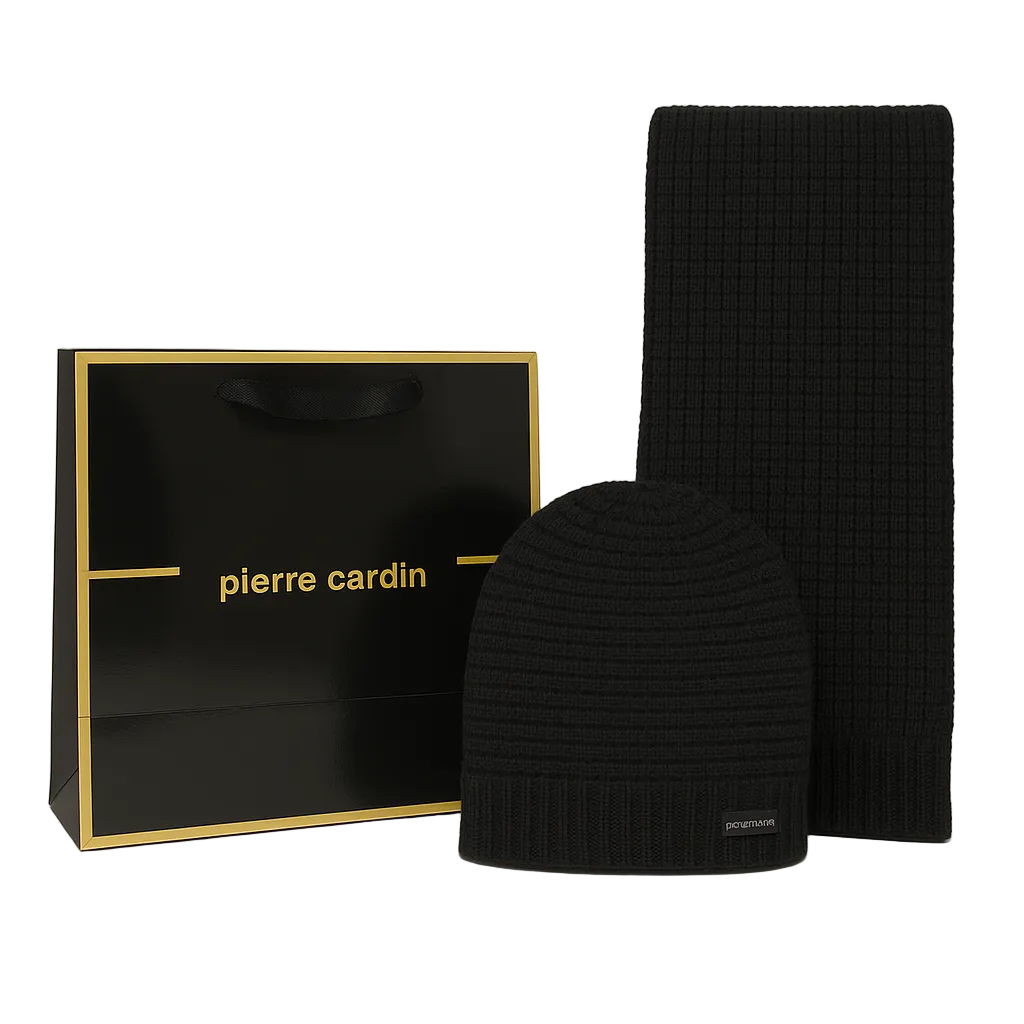 Pierre Cardin Men's Winter Set Black Hat + Scarf With Original Gift Bag