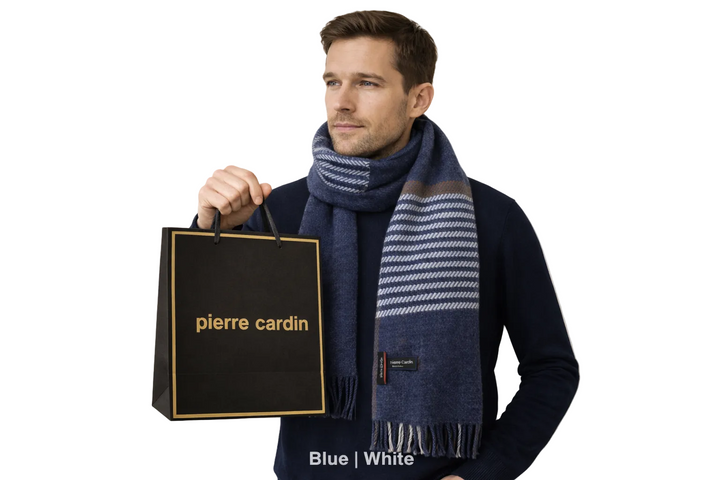 Pierre Cardin Set Homme Écharpe Fantaisie Bleu\Blanc + Sac Sac Cadeau Offert