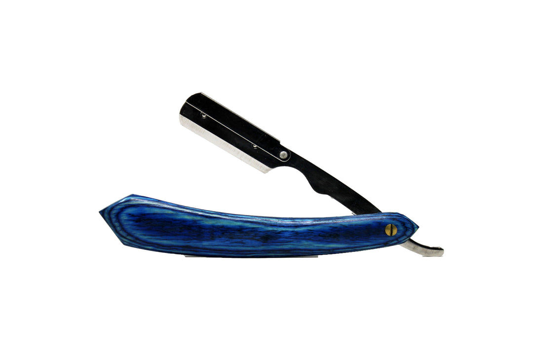 

Handheld free razor, half blade, blue wooden handle.