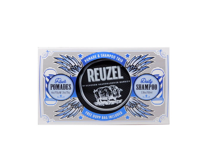


Reuzel, a set of pig products, comes with a fiber dopp bag.