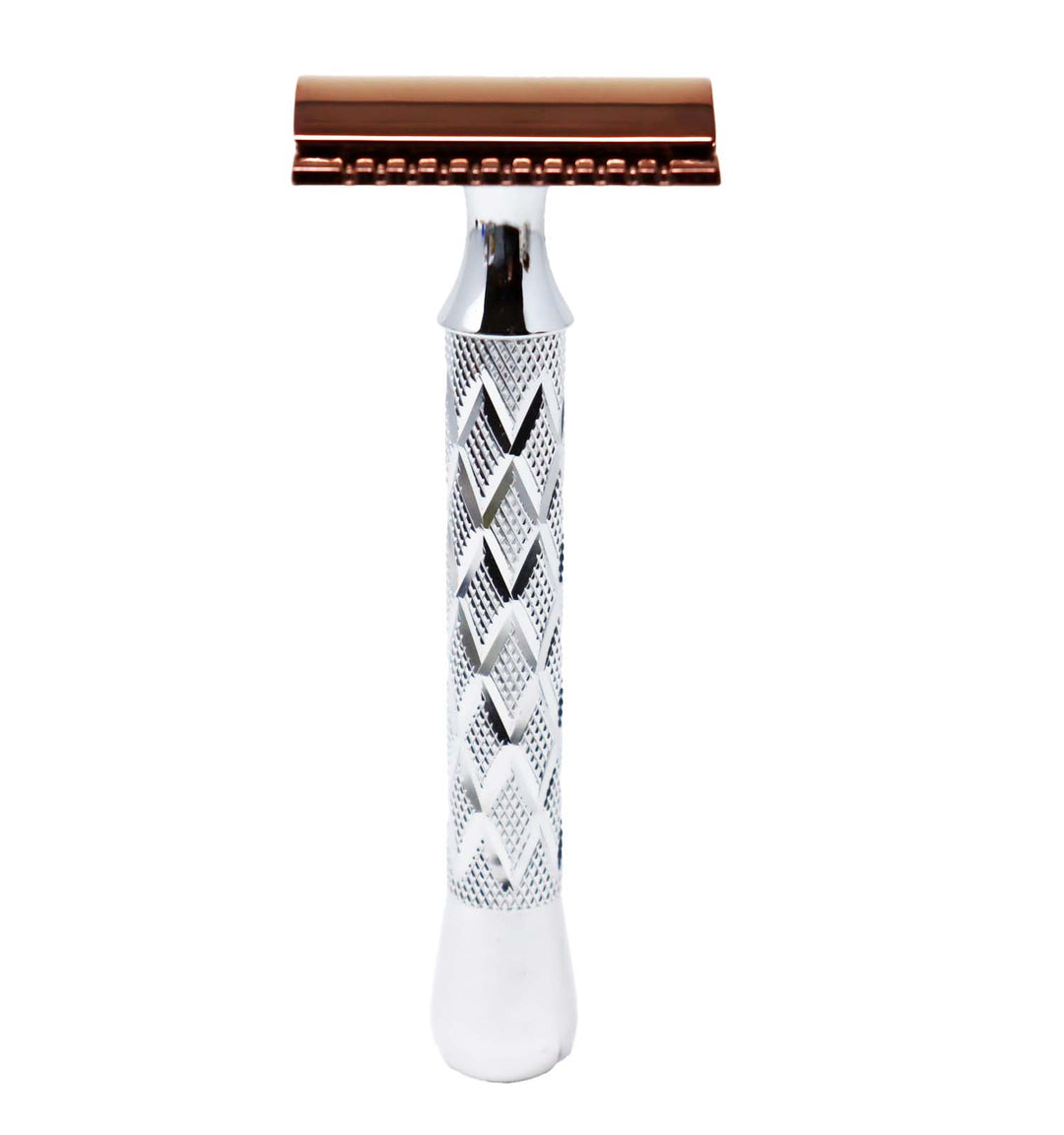 

Romer 7 is a safety razor with a closed comb and a rose gold head.