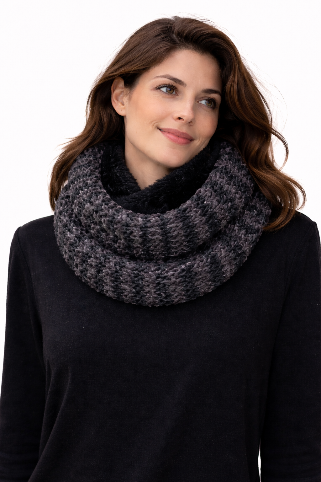 Scaldacollo Ad Anello In Maglia Grigio Scuro E Nero Con Inserto Effetto Pelliccia