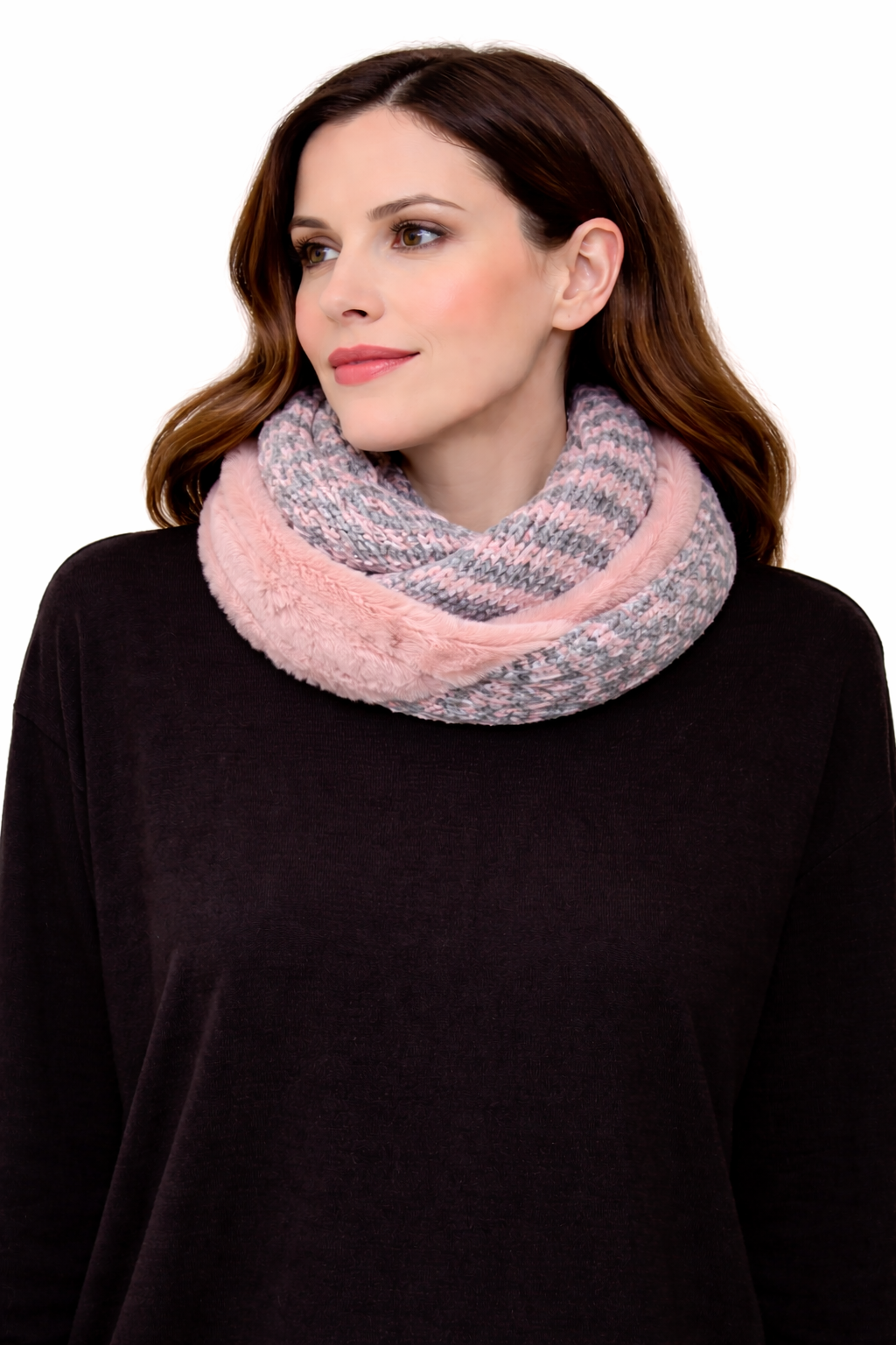 Ring-Schal aus rosa und grauer Strickware mit Fell-Effekt-Einsatz