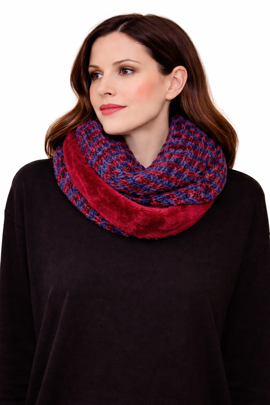 Ring-Schal aus rotem und blauem Strick mit Samt-Effekt-Einsatz