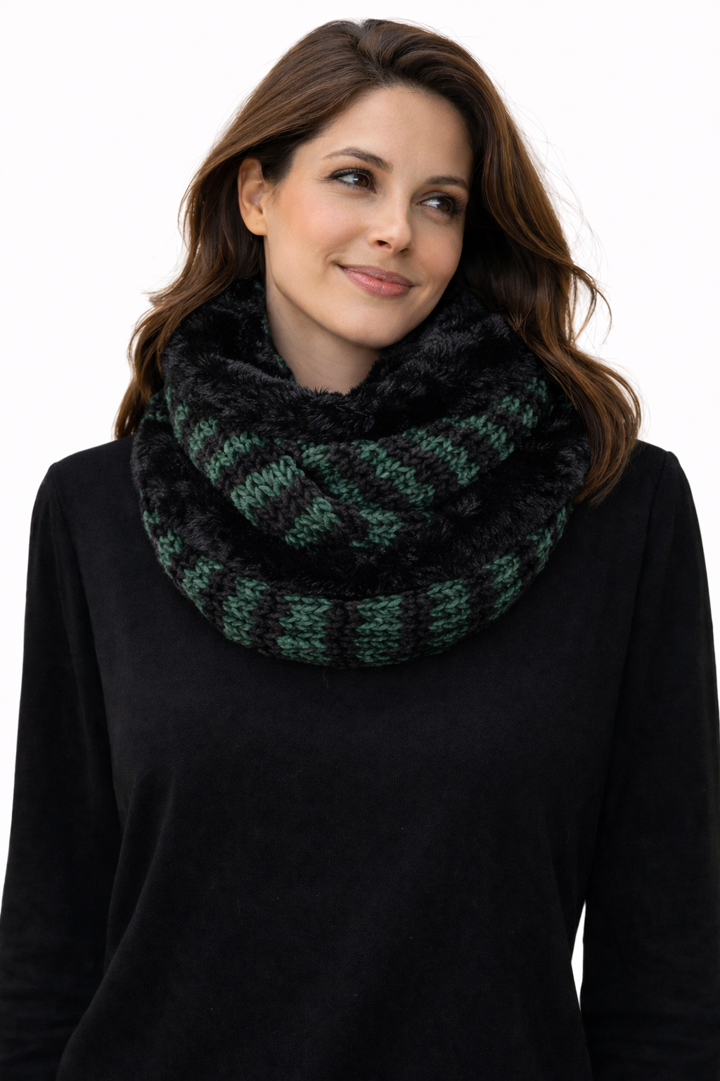 Scaldacollo Ad Anello In Maglia verde E Nero Con Inserto Effetto Pelliccia