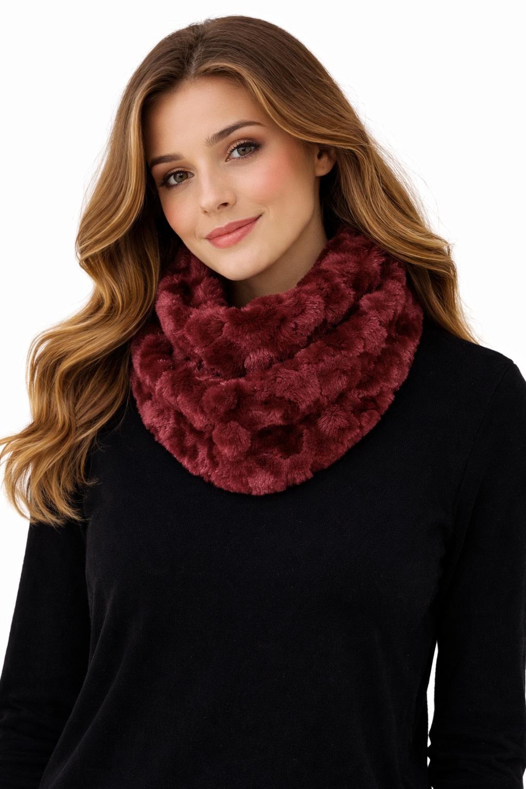 Bordeaux Damen Loop Schal mit Pelz-Effekt und Reliefstruktur