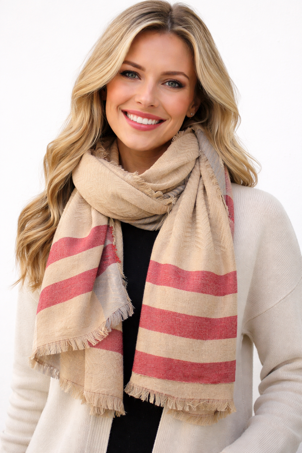 Beige Damen Schal mit roten Streifen