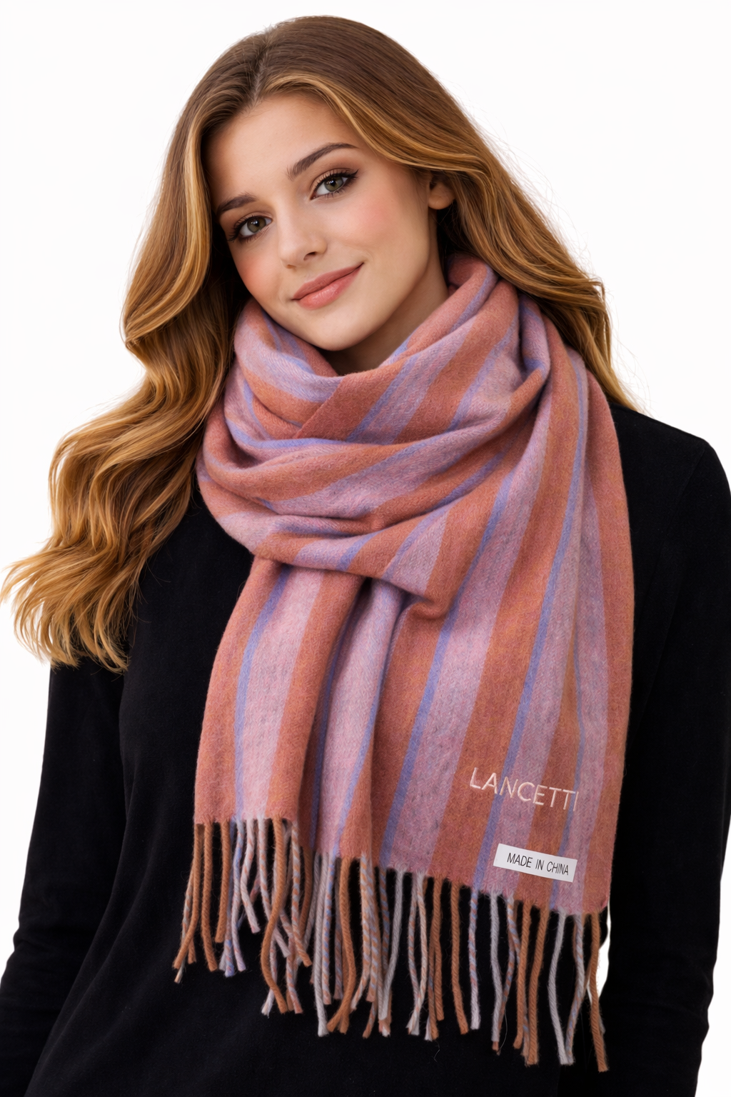 Lancetti Damen Schal gestreift Rosa und Blau mit Fransen