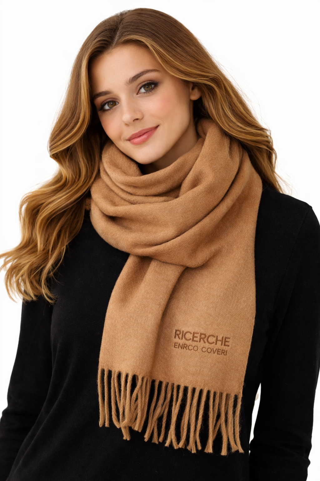 Enrico Coveri Elegante Damen Schal Camel mit Fransen