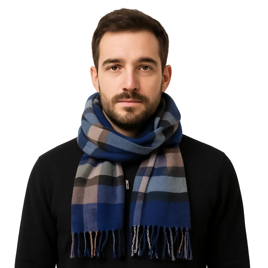 Enrico Coveri Foulard Righe A Quadri Blu Grigio E Marrone Con Confezione Regalo