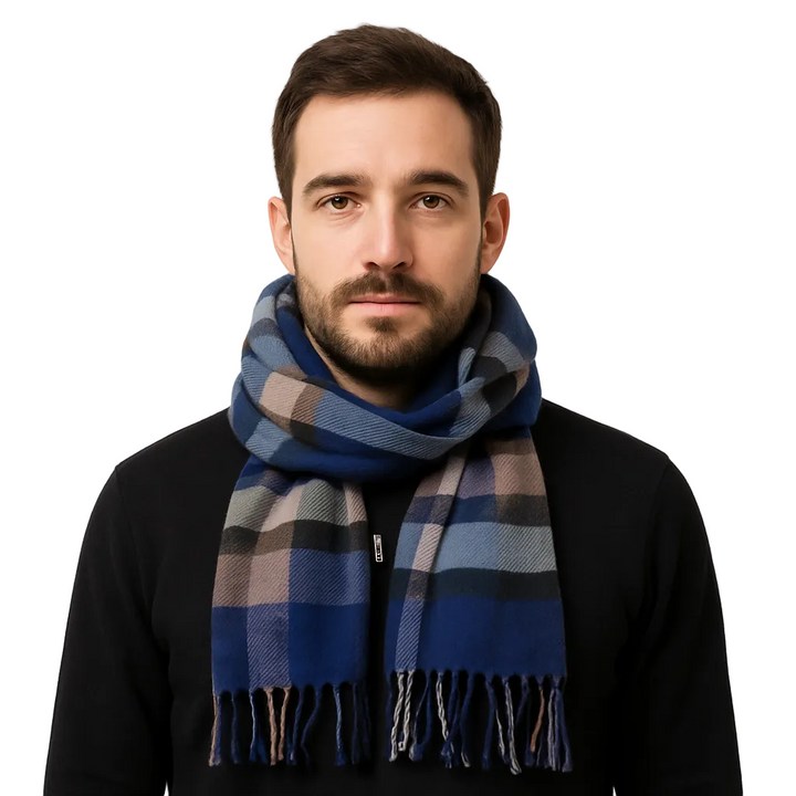 Enrico Coveri Foulard Righe A Quadri Blu Grigio E Marrone Con Confezione Regalo