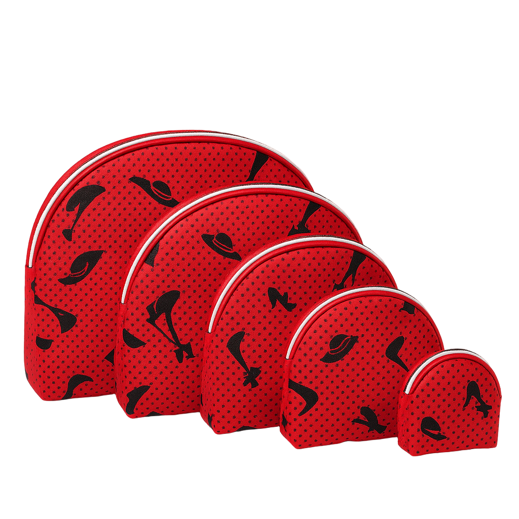 Set 5 Beauty Case Rossi Con Fantasia Cappelli E Décolleté