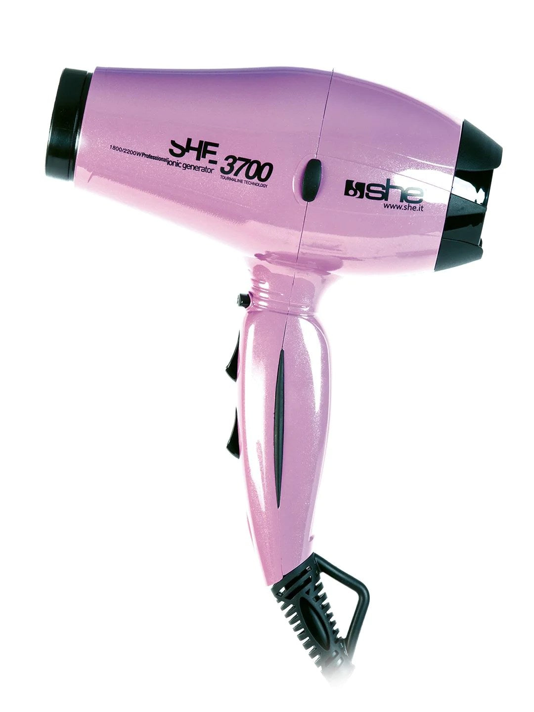 

She is a professional compact hairdryer, model 3700, with ionic technology and 2200W power, in a lilac color.