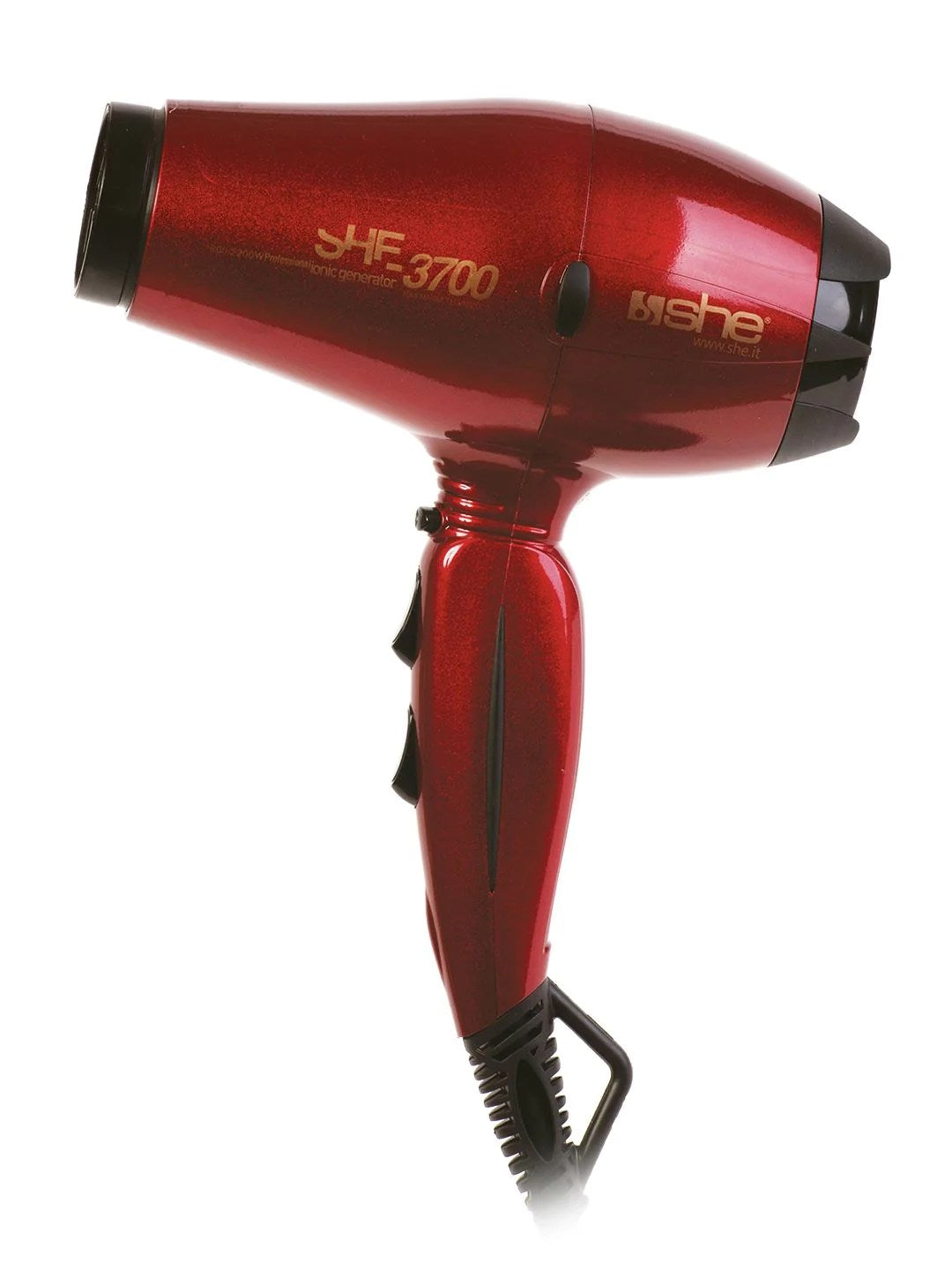 

She is a professional compact hair dryer with 3700 Ionic technology, 2200 W power, and red color.