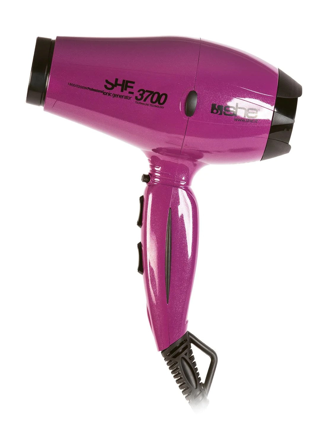 


She is a professional compact hairdryer 3700 Ionic 2200 W, purple color.