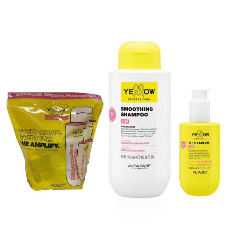 Alfaparf Yellow Professional Liss Kit Shampoo 500 ml + Serum 10-in-1 Da 125 ml  Per Capelli Crespi